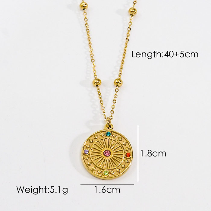 Retro Sun Square Oval Stainless Steel Inlay Natural Stone Shell Zircon Pendant Necklace