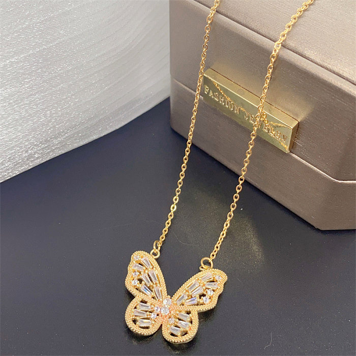 Retro Butterfly Stainless Steel Inlay Zircon Necklace