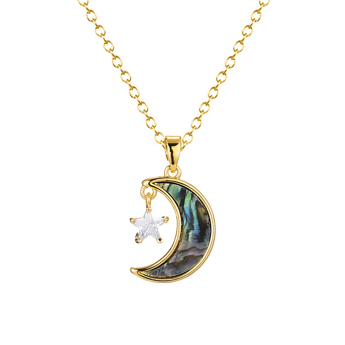 Collier élégant avec pendentif en forme d'étoile et de lune, en acier inoxydable et en laiton plaqué or 18 carats, en Zircon, en vrac