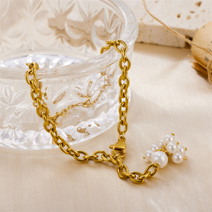 Großhandel Armbänder im schlichten Stil mit Blumen-Edelstahl, Süßwasserperle, Perlenbeschichtung, 18 Karat vergoldet