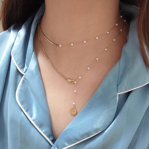 Elegante, geometrische, geschichtete Halsketten mit Imitationsperlen aus Edelstahl