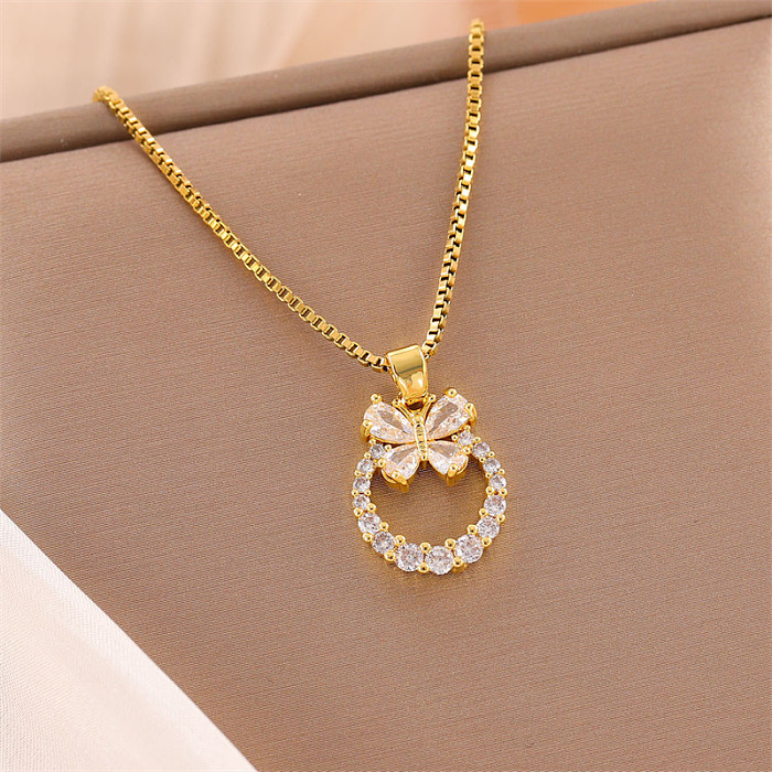 Sweet Round Oval Heart Shape Stainless Steel  Plating Inlay Artificial Diamond 18K Gold Plated Pendant Necklace