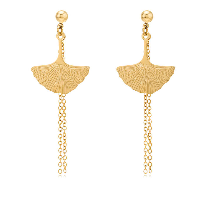 Neue fächerförmige Quasten-Ohrringe aus Edelstahl, modische goldene Blatt-lange Ohrringe