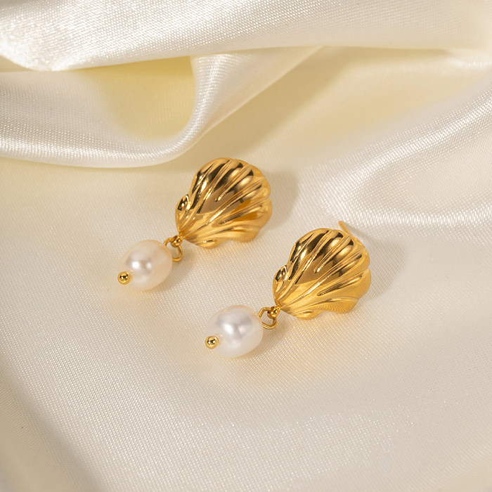 1 paire de boucles d'oreilles en acier inoxydable plaqué or 18 carats, style Streetwear, coquille de perles d'eau douce