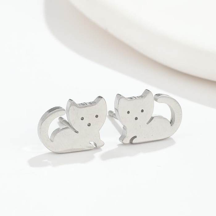 Cute Heart Shape Cat Owl Stainless Steel  Plating Ear Studs 1 Pair
