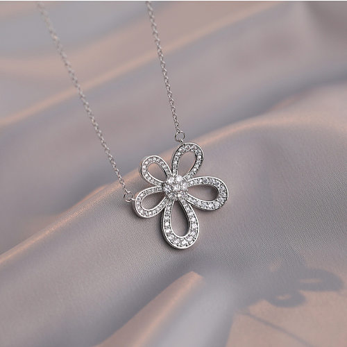 Classic Style Flower Stainless Steel Inlay Zircon Pendant Necklace