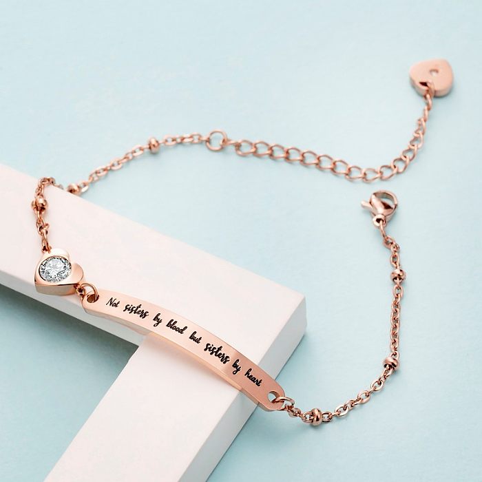 Estilo simples carta forma de coração aço inoxidável polimento chapeamento inlay zircão rosa banhado a ouro pulseiras