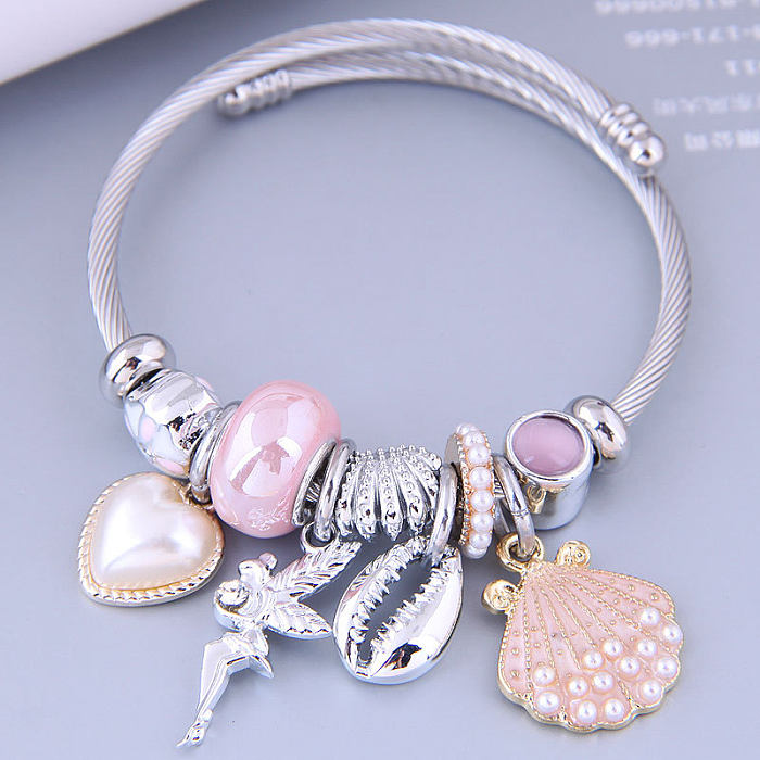 Cartoon Style Heart Shape Shell Stainless Steel Artificial Pearl Cuff Bracelets