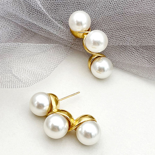 1 par de pendientes chapados en oro de perlas artificiales de acero inoxidable con incrustaciones de Color sólido dulce