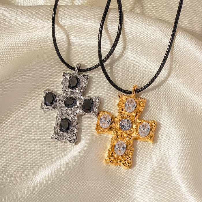 IG Style Cross Stainless Steel  Plating Inlay Zircon 18K Gold Plated Necklace
