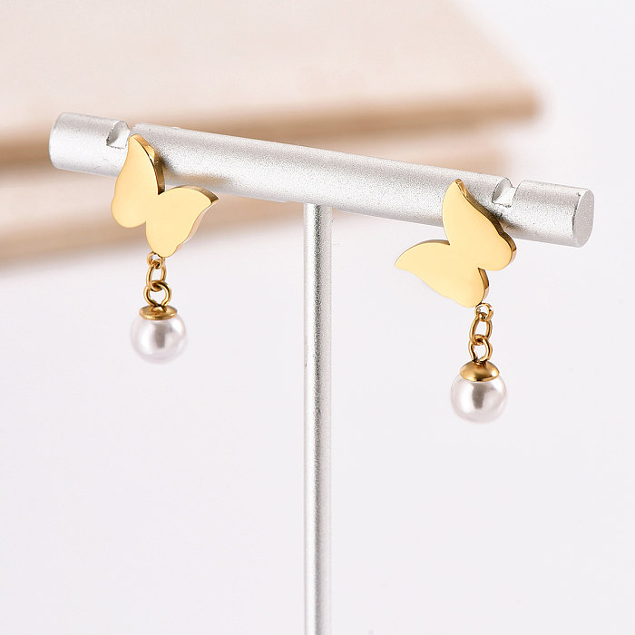 1 paire de boucles d'oreilles papillon plaquées or 14 carats, Style moderne, incrustation de perles artificielles en acier inoxydable