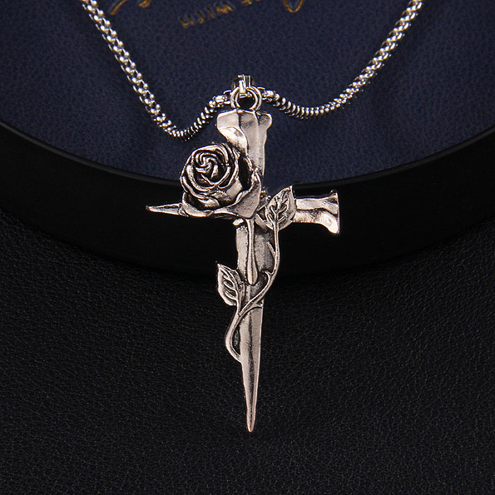 Gothic Punk Streetwear Cross Rose Stainless Steel  Alloy Plating Pendant Necklace