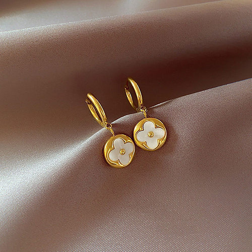 Boucles d'oreilles pendantes en forme de fleur, Style Simple, placage en acier inoxydable, incrustation de coquille, 1 paire