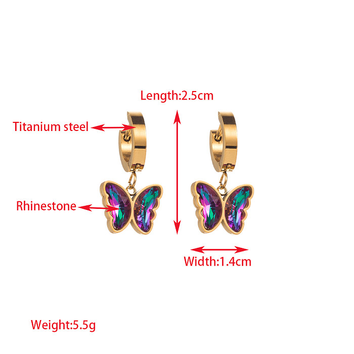 Boucles d'oreilles pendantes élégantes pour femmes, 1 paire, pentagramme, œil, papillon, incrustation de strass en acier inoxydable, plaqué or