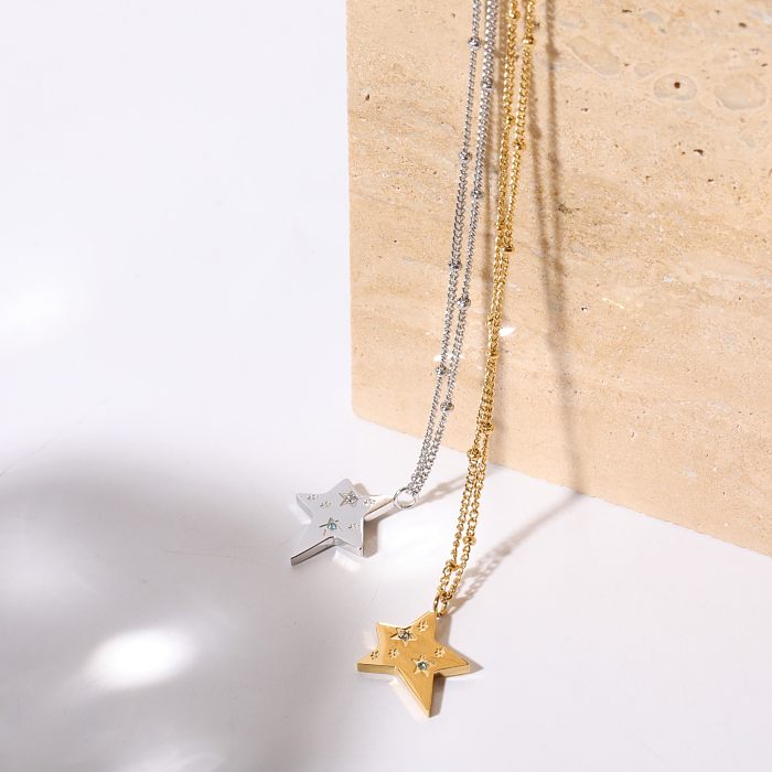 Casual Simple Style Pentagram Stainless Steel  Plating Inlay Zircon Gold Plated Pendant Necklace
