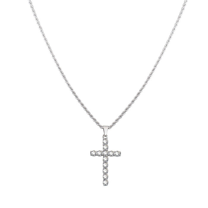Fashion Cross Stainless Steel Inlay Zircon Pendant Necklace 1 Piece