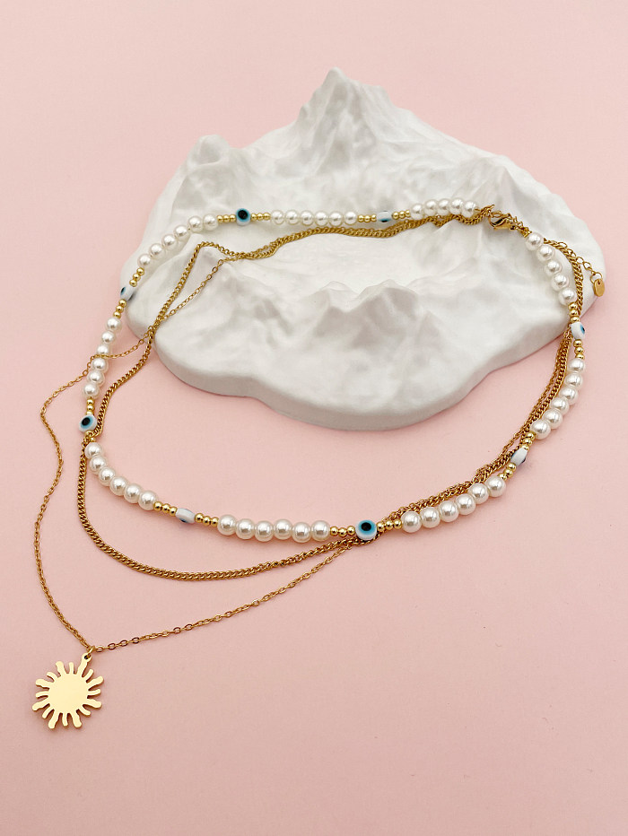 Halskette mit Anhänger im Barock-Stil, Sonnenauge, Edelstahl, Süßwasserperlen-Beschichtung, 14 Karat vergoldet