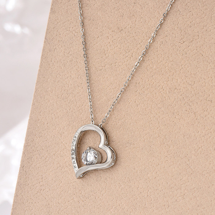 Elegant Luxurious Sweet Heart Shape Stainless Steel  Chain Hollow Out Inlay Zircon Pendant Necklace
