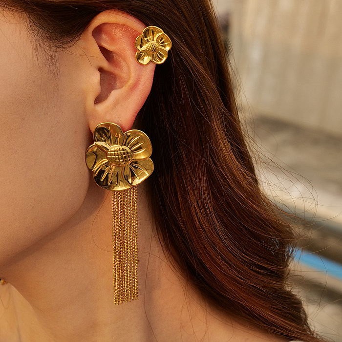 1 Pair Commute Sunflower Plating Stainless Steel  18K Gold Plated Ear Cuffs