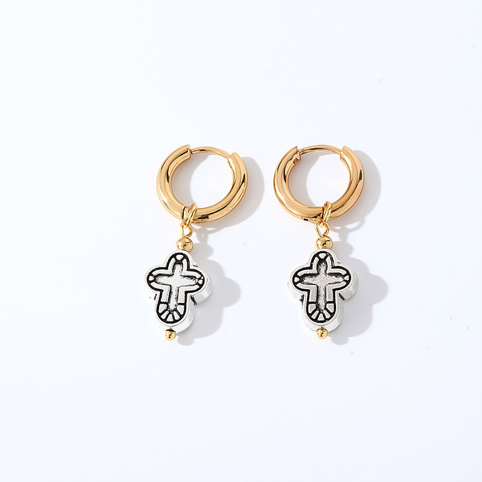 1 Pair Casual Retro Cool Style Cross Scallop Heart Shape Plating Stainless Steel  Drop Earrings