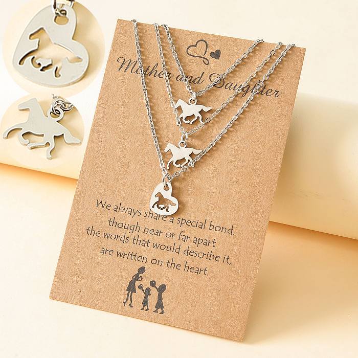 MAMA Simple Style Horse Stainless Steel  Polishing Hollow Out Pendant Necklace 3 Piece Set