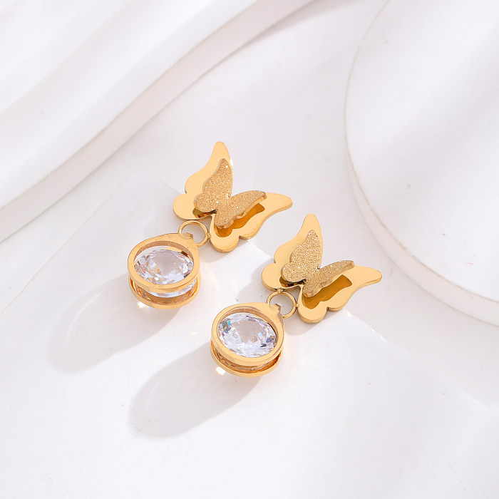 1 par de pendientes chapados en oro de 24K con incrustaciones de circonio y mariposa redonda de estilo clásico para mujer