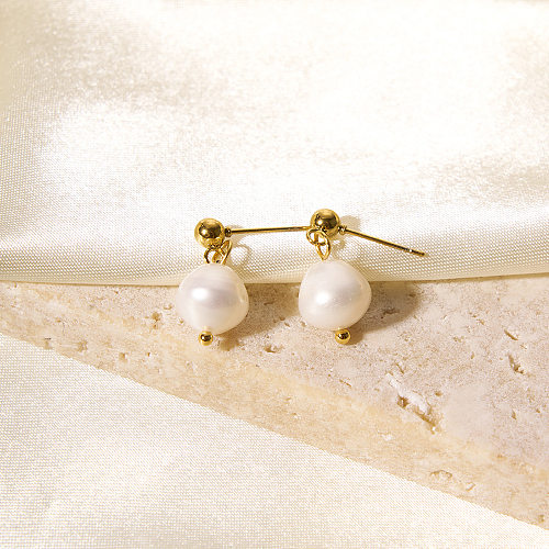 1 paire de boucles d'oreilles pendantes plaquées or 18 carats, Style IG, placage géométrique élégant, en acier inoxydable, perles d'eau douce