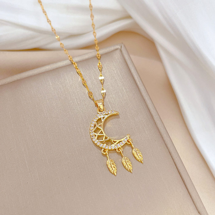 Casual Dreamcatcher Moon Stainless Steel Copper Plating Hollow Out Inlay Zircon Pendant Necklace