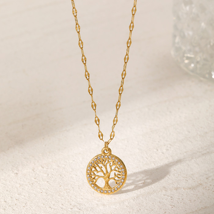 Fashion Tree Stainless Steel  Inlay Rhinestones Pendant Necklace