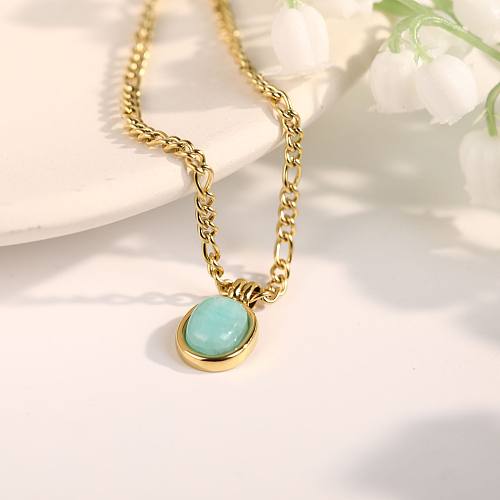Fashion Oval Stainless Steel Inlay Natural Stone Pendant Necklace