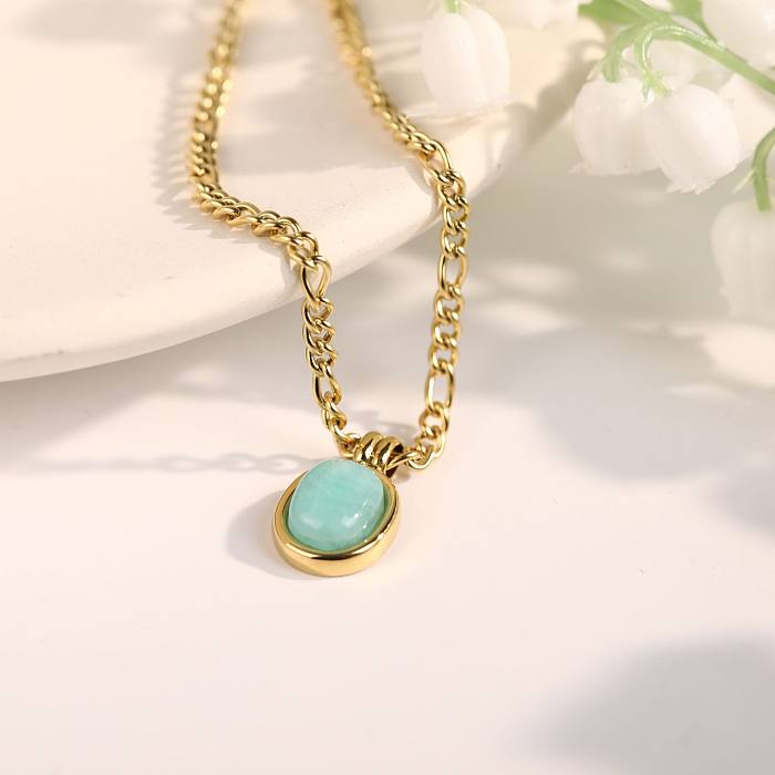 Fashion Oval Stainless Steel Inlay Natural Stone Pendant Necklace