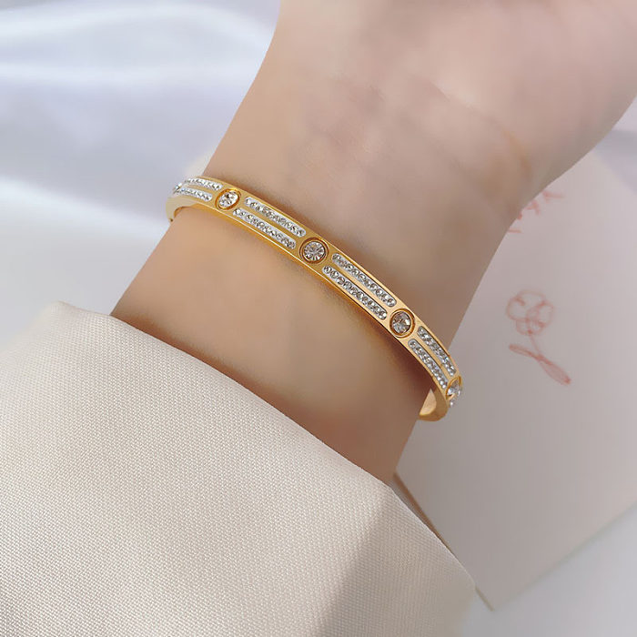 Simple Style Classic Style Round Stainless Steel Titanium Steel Plating Inlay Rhinestones 18K Gold Plated Gold Plated Bangle
