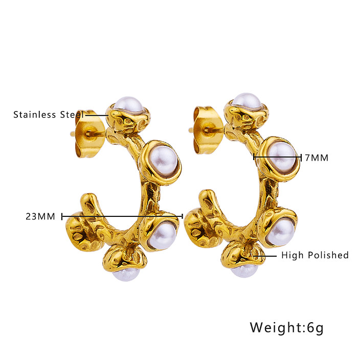 Pendientes chapados en oro con perlas artificiales de acero inoxidable con incrustaciones de perlas en forma de C Estilo Vintage 1 pieza