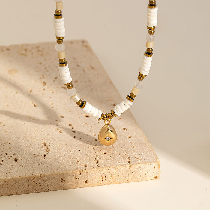 Halskette mit Wassertropfen-Anhänger im Ethno-Stil, Edelstahl, Perlen, Legierungsüberzug, Inlay, Zirkon, 18 Karat vergoldet