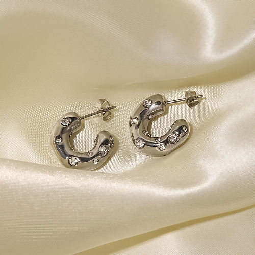Boucles d'oreilles créoles en acier inoxydable, forme C, incrustées de Zircon, Style Simple, 1 paire
