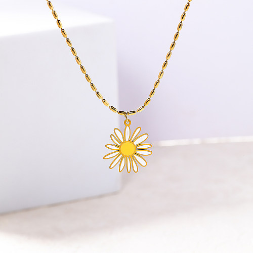 Basic Vacation Sweet Daisy Stainless Steel  Enamel Plating 18K Gold Plated Necklace