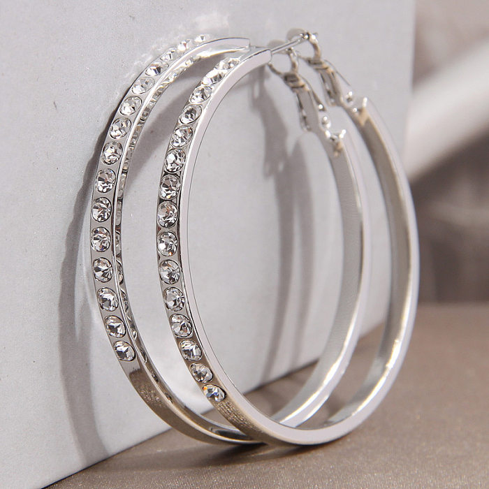 1 Pair Simple Style Round Inlay Steel Rhinestones Hoop Earrings