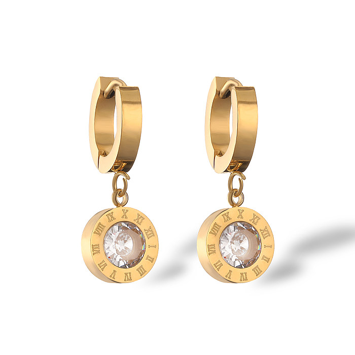 1 Paar lässige, schlichte, runde, herzförmige, plattierte Inlay-Ohrringe aus Edelstahl mit Zirkon und 18 Karat Gold