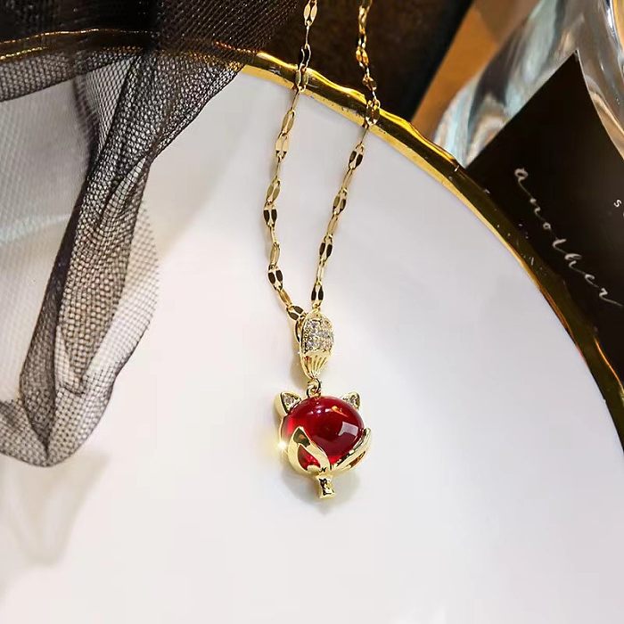 Casual Simple Style Round Water Droplets Fox Stainless Steel Plating Inlay Zircon 18K Gold Plated Pendant Necklace