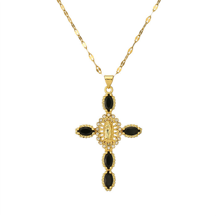 Collier avec pendentif en forme de croix humaine, Style Simple, en acier inoxydable, placage de cuivre, incrustation de Zircon plaqué or