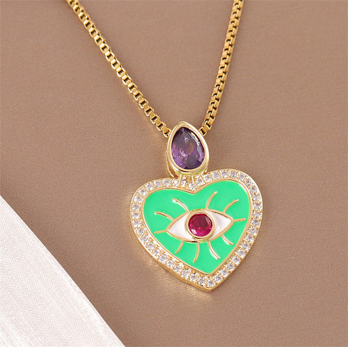 Retro Simple Style Heart Shape Stainless Steel  Stainless Steel Enamel Plating Inlay Zircon 18K Gold Plated Pendant Necklace
