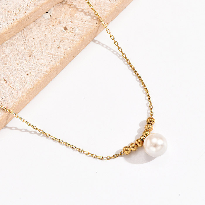 Elegant Simple Style Round Stainless Steel  Beaded Plating Inlay Artificial Pearls 14K Gold Plated Pendant Necklace