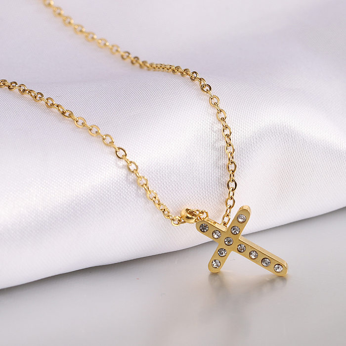 Collier avec pendentif en forme de croix, Style Punk Cool, incrustation en acier inoxydable, diamant artificiel