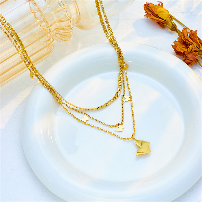 Korean Style Butterfly Stainless Steel Layered Plating 18K Gold Plated Layered Necklaces