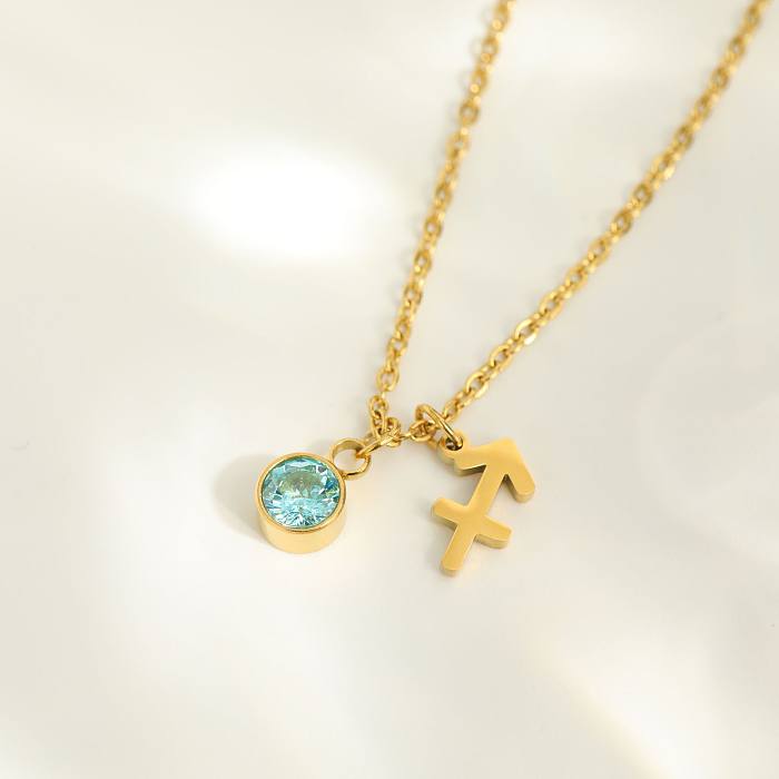 Fashion Classic Twelve Constellations Zircon Birthstone Pendant Zodiac Stainless Steel Necklace