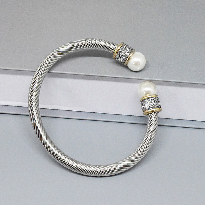 Retro C-förmiges Edelstahl-Inlay-Naturstein-Perlenarmband mit gedrehtem Kabel