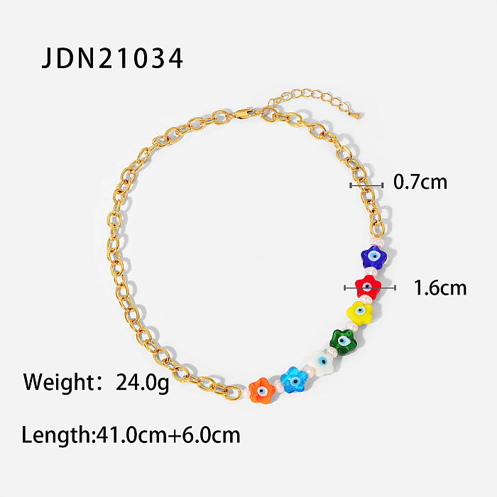 New Fashion Style 18K Gold Plated Stainless Steel  Colored Glaze Flower Stitching Cross Chain Necklace