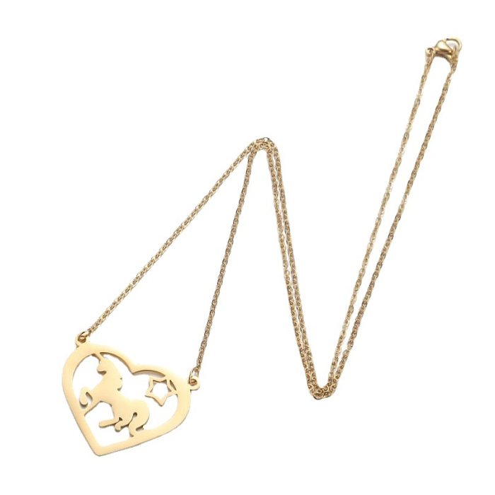 Fashion Heart Shape Unicorn Stainless Steel  Hollow Out Pendant Necklace