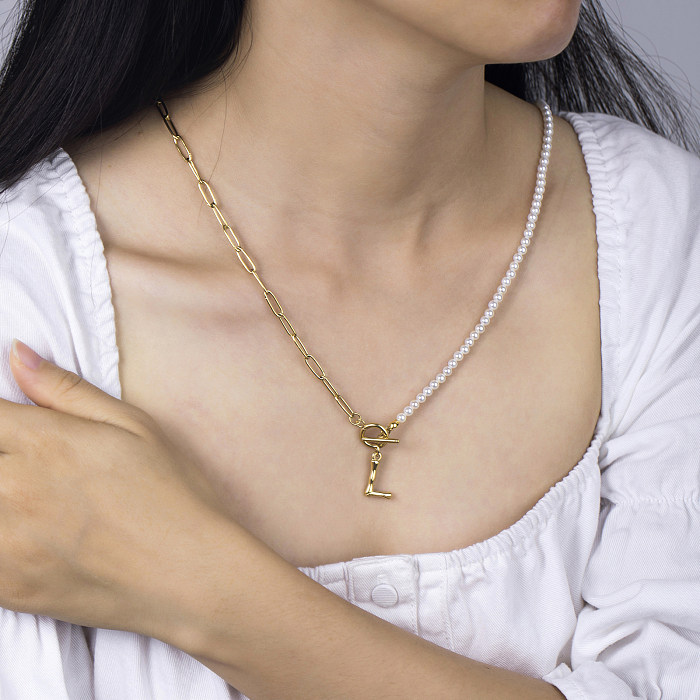 Collier plaqué or 14 carats avec perles en acier inoxydable et perles de style classique de style simple