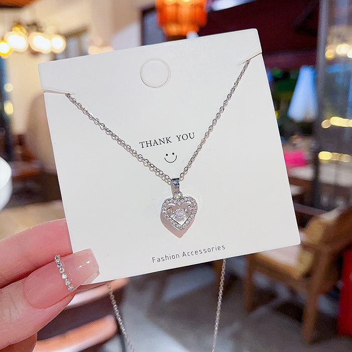 Simple Style Heart Shape Stainless Steel Plating Inlay Artificial Diamond Pendant Necklace